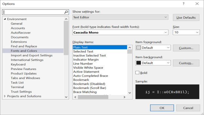 Changing Setting Visual Studio Font Size